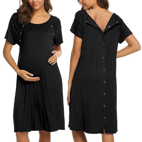 Maternity Nursing Nightgown Short Sleeve Button Front Labor Delivery Hospital